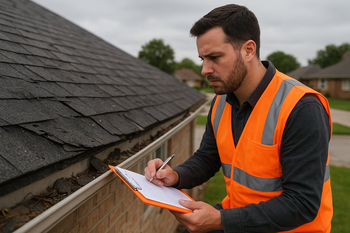 Roofing inspector in an orange safety vest assessing roof damage and documenting findings on a clipboard, emphasizing the importance of professional evaluations for insurance claims.