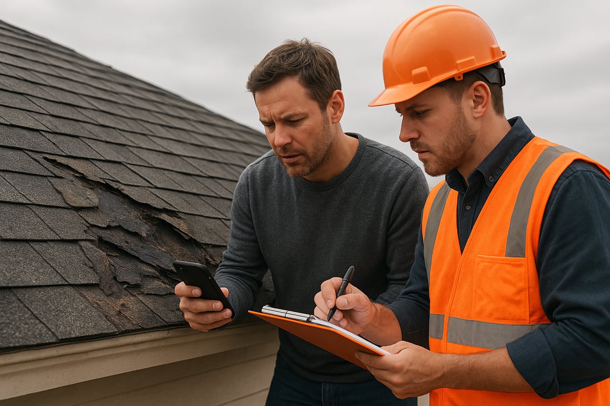 Two men assessing roof damage, one holding a smartphone and the other taking notes on a clipboard, with visible shingle damage in the background, illustrating the roof insurance claim process.