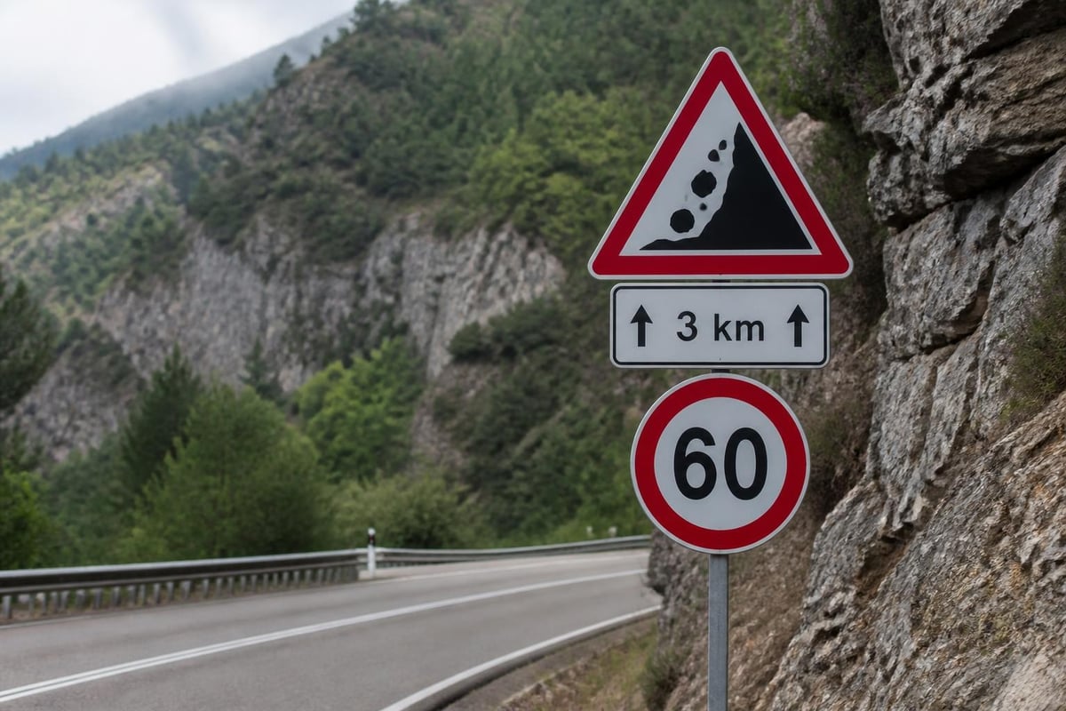 Falling rocks sign placement zones