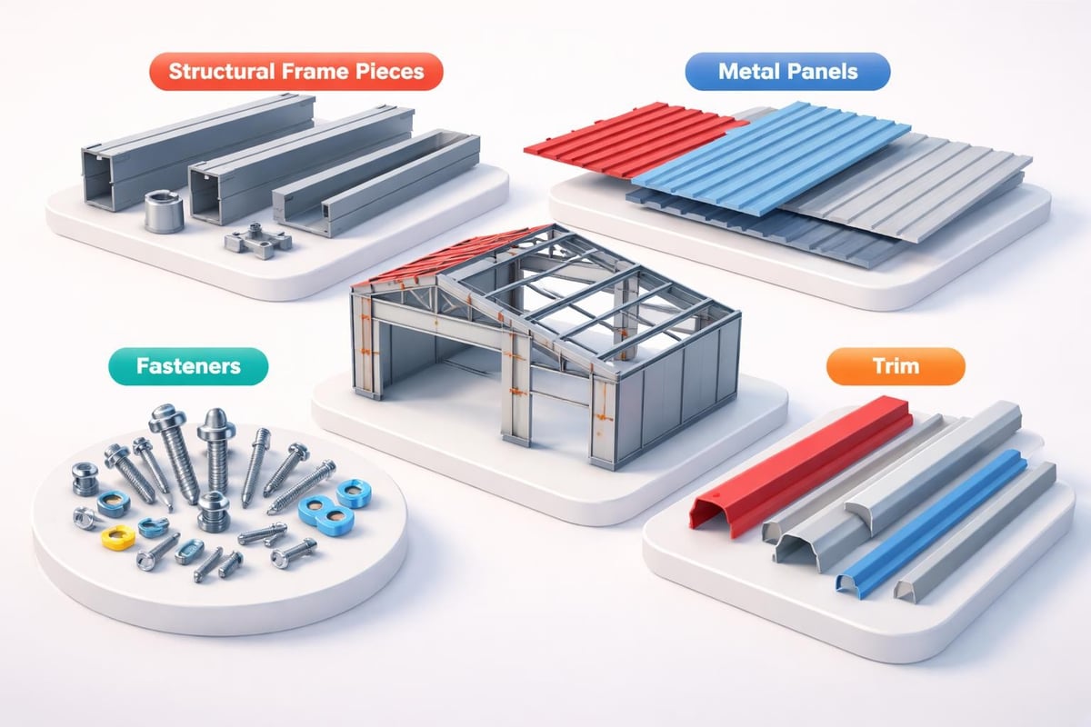 Steel building kit parts laid out