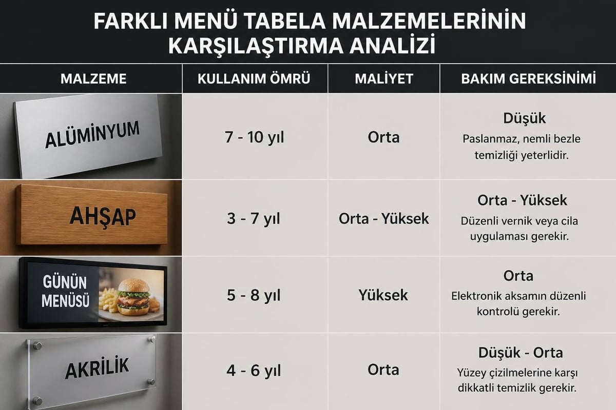 Menu tabela malzeme karşılaştırması