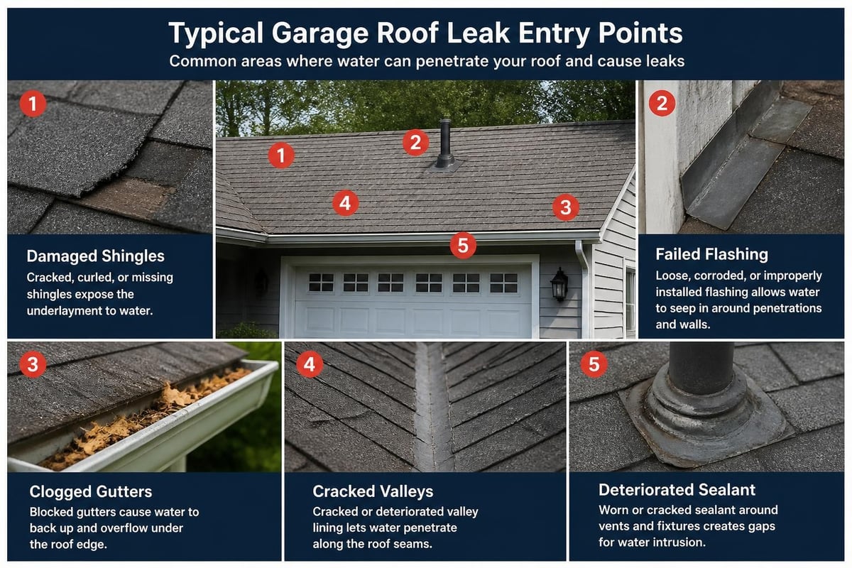 Common garage roof leak sources