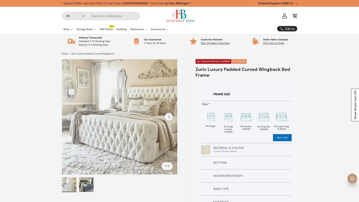 7 Best Luxury Super King Beds For Ultimate Comfort 2025 - Zuric Luxury Padded Curved Wingback Bed Frame – Heavenly Beds