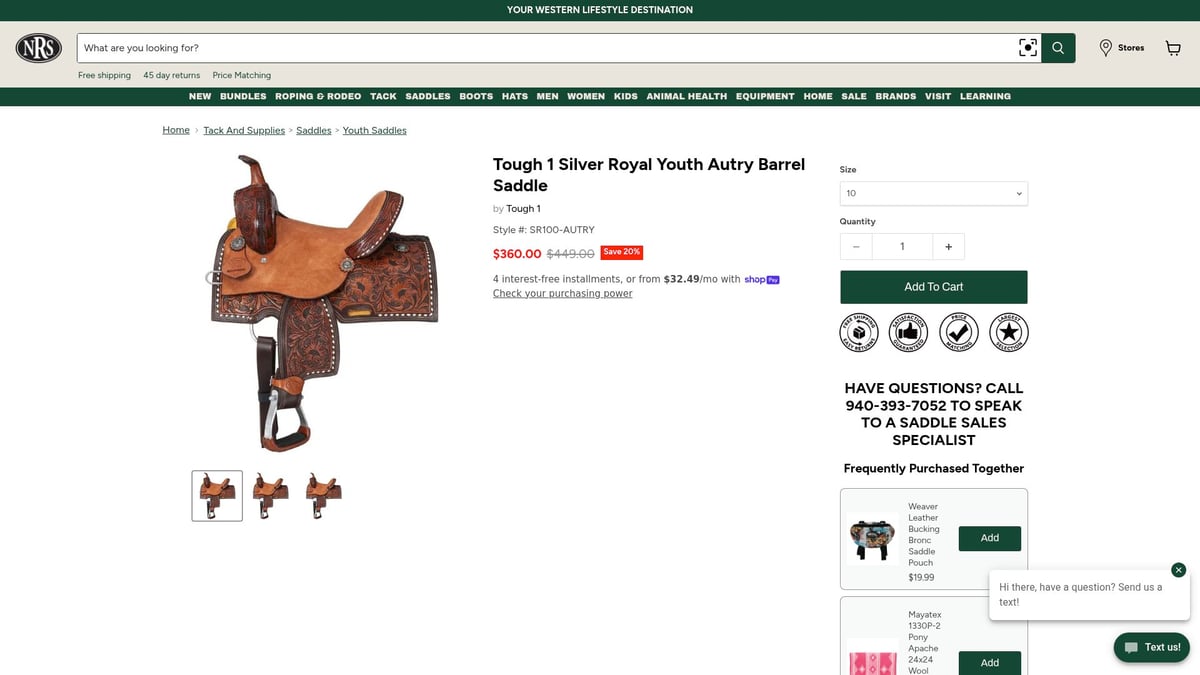Top 7 Saddles for Sale in 2025: Best Picks for Every Rider - Tough 1 Silver Royal Youth Autry Barrel Saddle