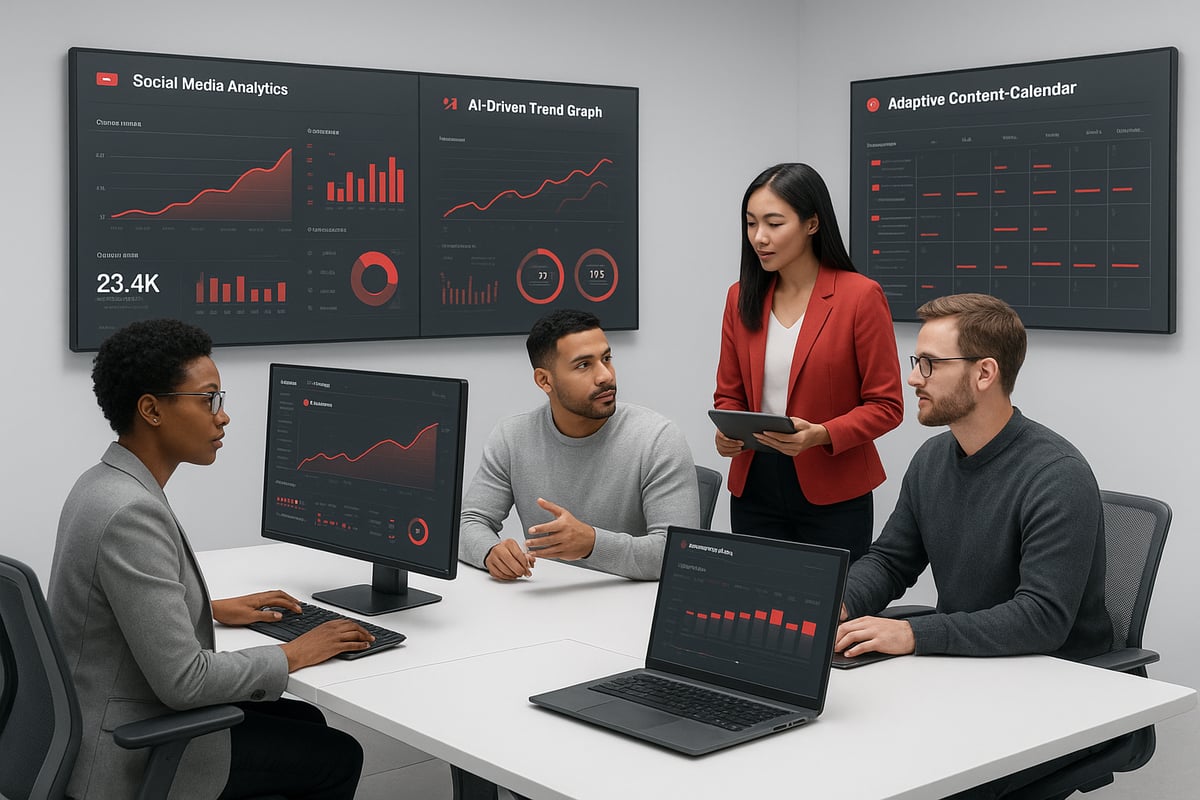 Team in meeting discussing data charts on screens.