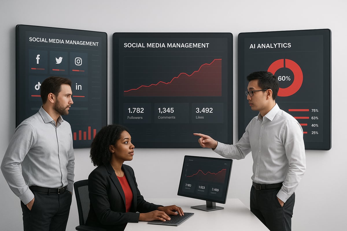 Three people in a meeting, pointing at data charts on screens and a wall display.