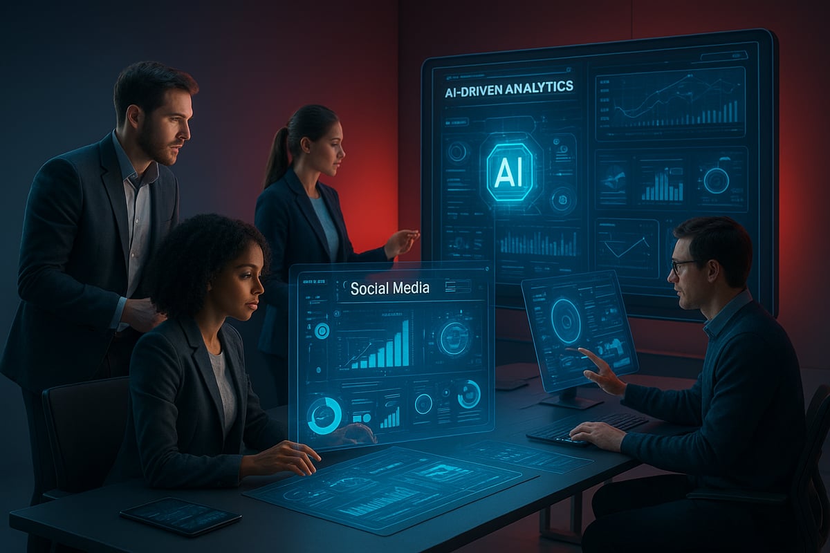 Four people in a dimly lit room analyze data on glowing, futuristic computer displays.