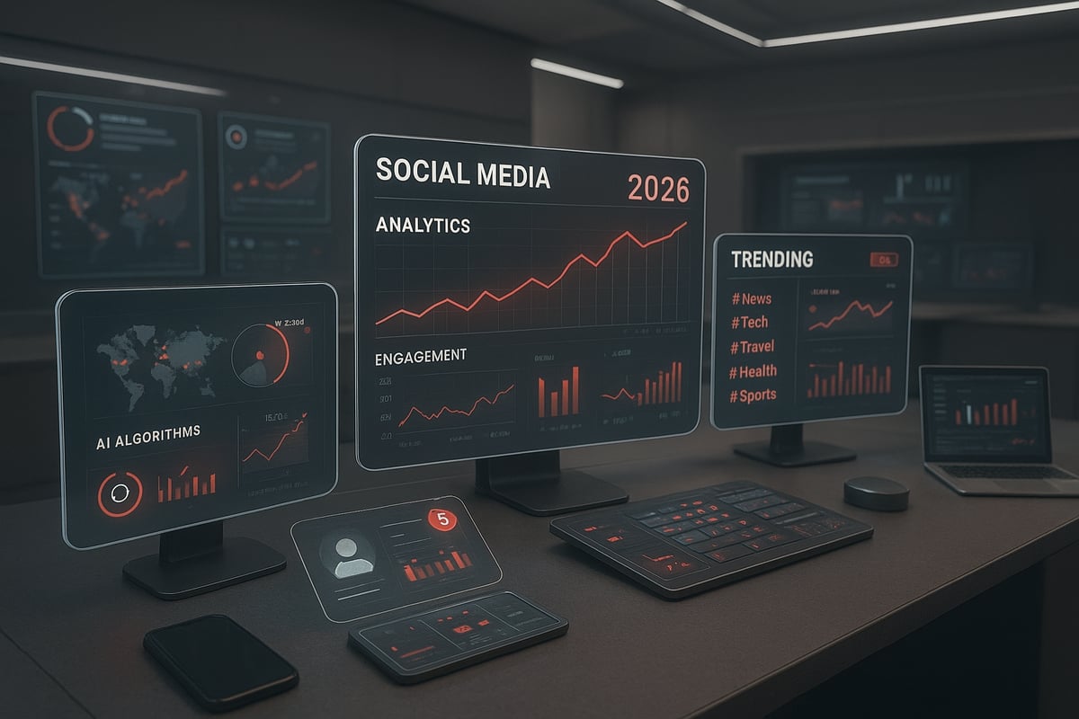 Monitors displaying data charts in a dark room. Futuristic tech setup, graphs and information visualizations, social media data on screen.
