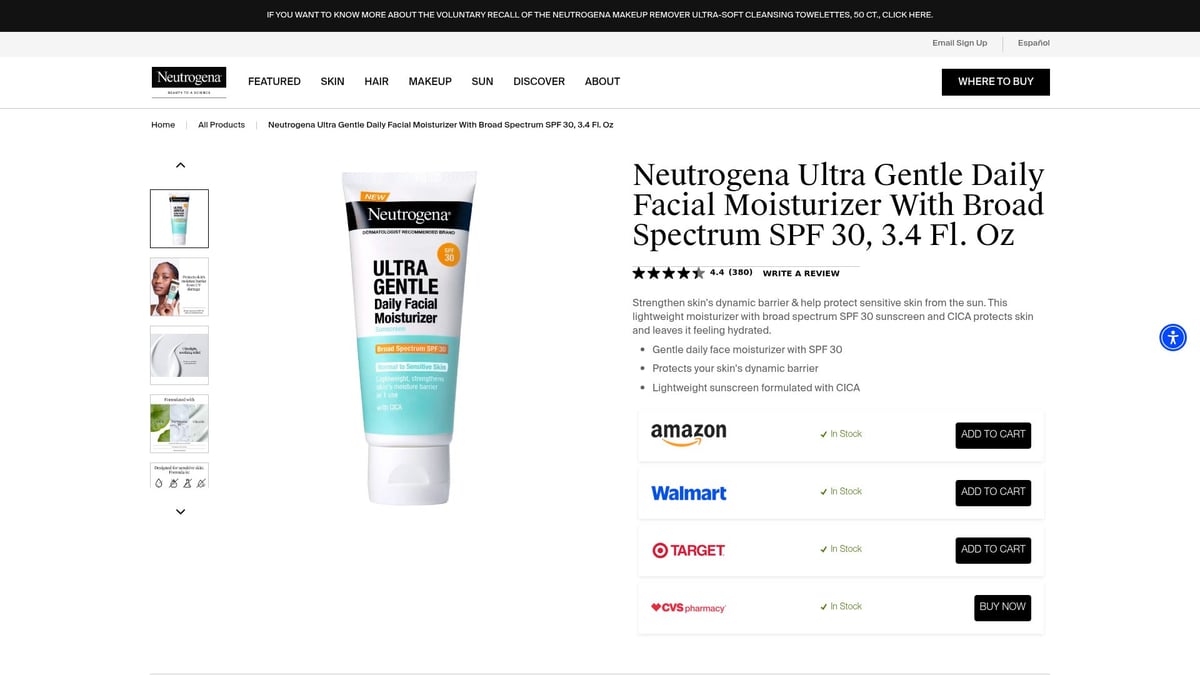 7 Best Moisturizer Gentle Picks for Sensitive Skin in 2025 - Neutrogena Ultra Gentle Daily Facial Moisturizer With Broad Spectrum SPF 30