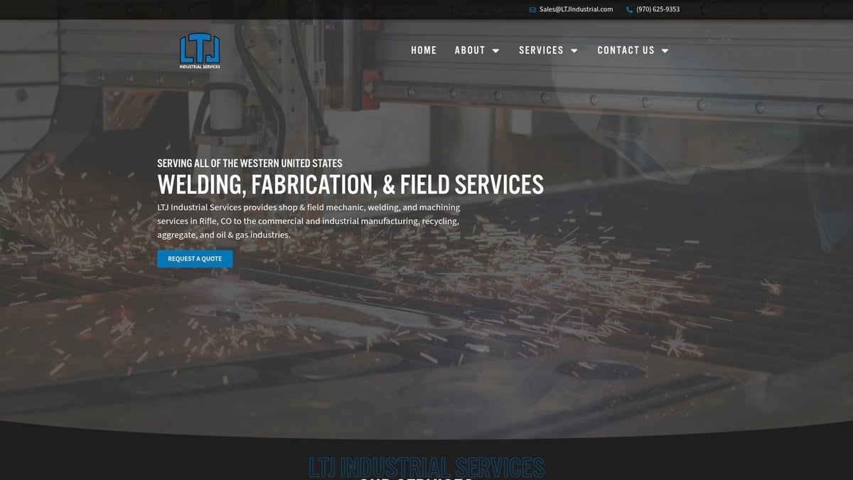 LTJ Industrial Services logo and welding equipment with sparks, highlighting custom fabrication and welding services for work vehicles in the Western United States.