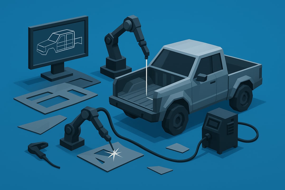 Low-poly 3D illustration of a custom truck bed fabrication process, featuring a truck, CAD design monitor, robotic arms, metal sheets, and welding equipment, highlighting the stages of design and assembly for work vehicles.