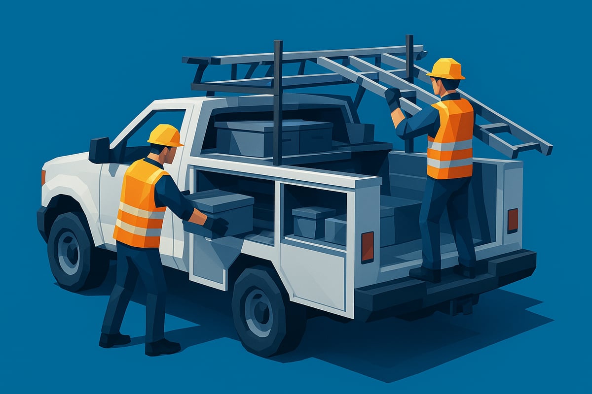 Two workers in safety vests loading equipment into a custom truck bed, illustrating functionality and organization for work vehicle fabrication.