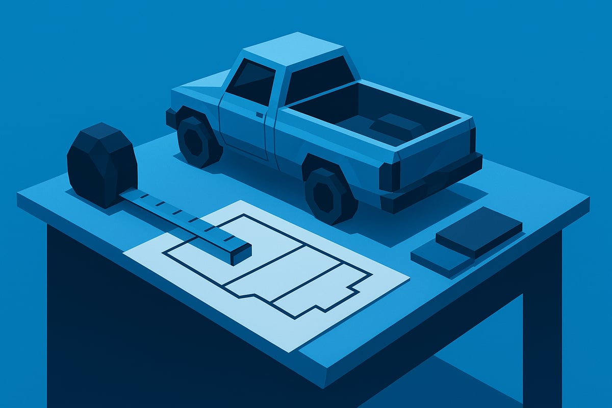 Low-poly style illustration of a work truck on a table with a measuring tape and blueprint, representing custom truck bed fabrication planning for work vehicles.