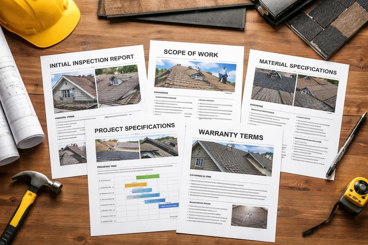 Detailed roofing documentation including initial inspection report, scope of work, project specifications, material specifications, and warranty terms on a wooden table, with a hammer and measuring tape nearby, emphasizing professional standards for roofing contractors.