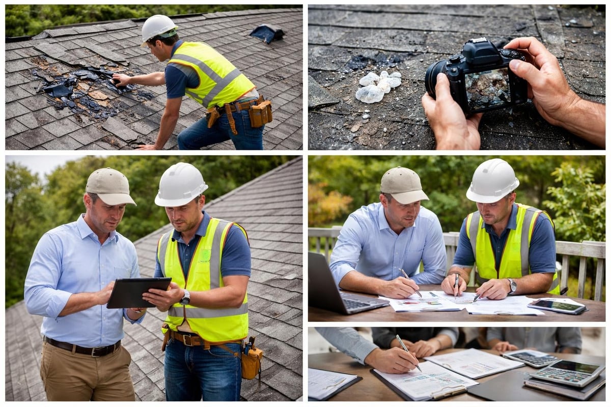 Roofing contractor inspecting storm damage, discussing inspection reports with property owner, documenting damage for insurance claims, collaborating on repair plans and estimates.