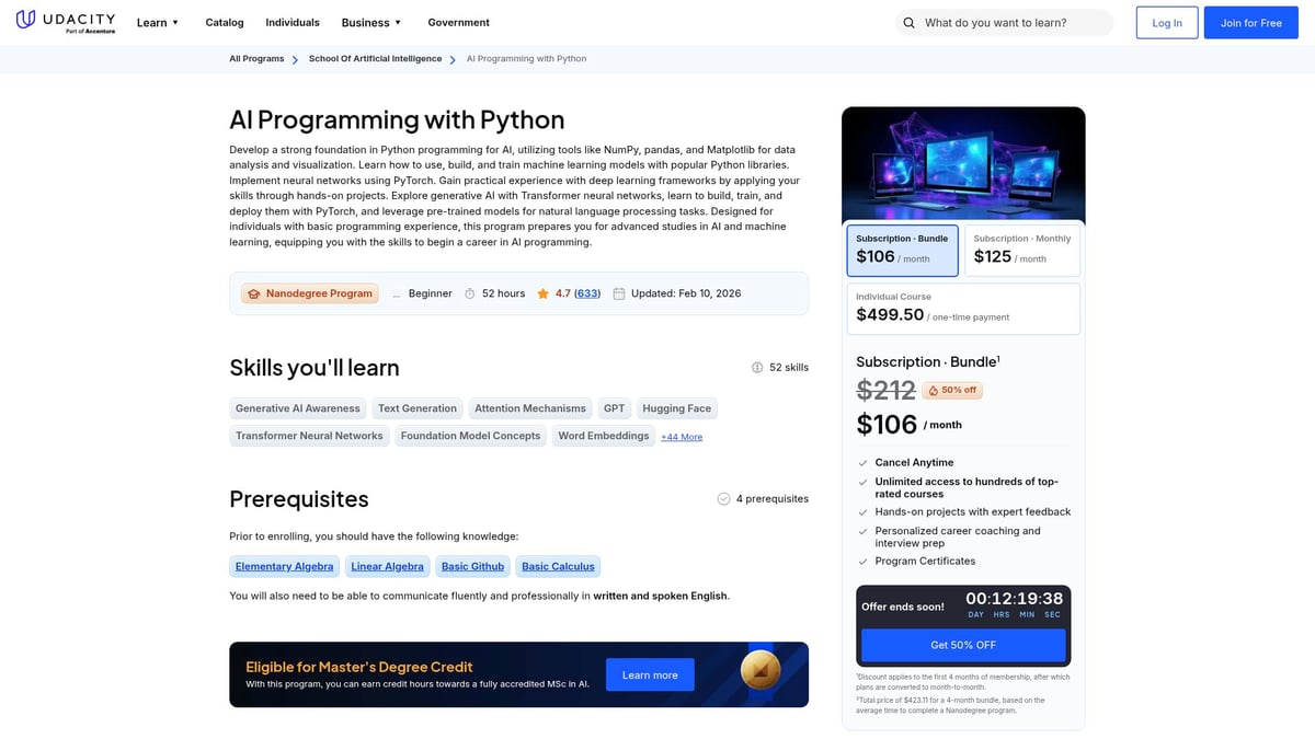 7 Best AI Artificial Intelligence Course Picks for 2026 - AI Programming with Python Nanodegree (Udacity)