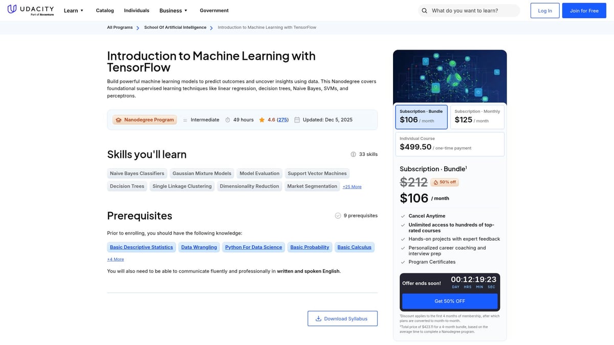 7 Best AI Artificial Intelligence Course Picks for 2026 - Introduction to Machine Learning with TensorFlow Nanodegree (Udacity)