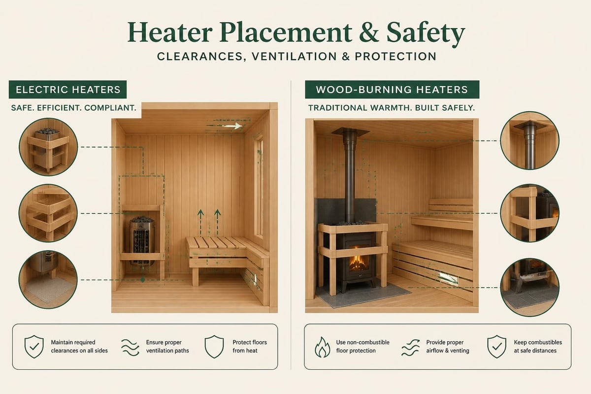 Sauna heater placement and clearances
