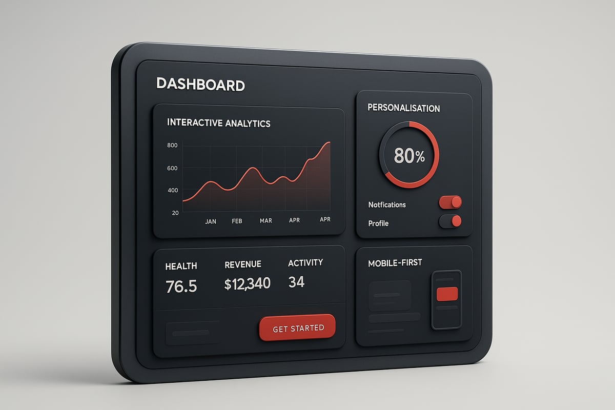 Dashboard with data visualizations; black background, red accents.
