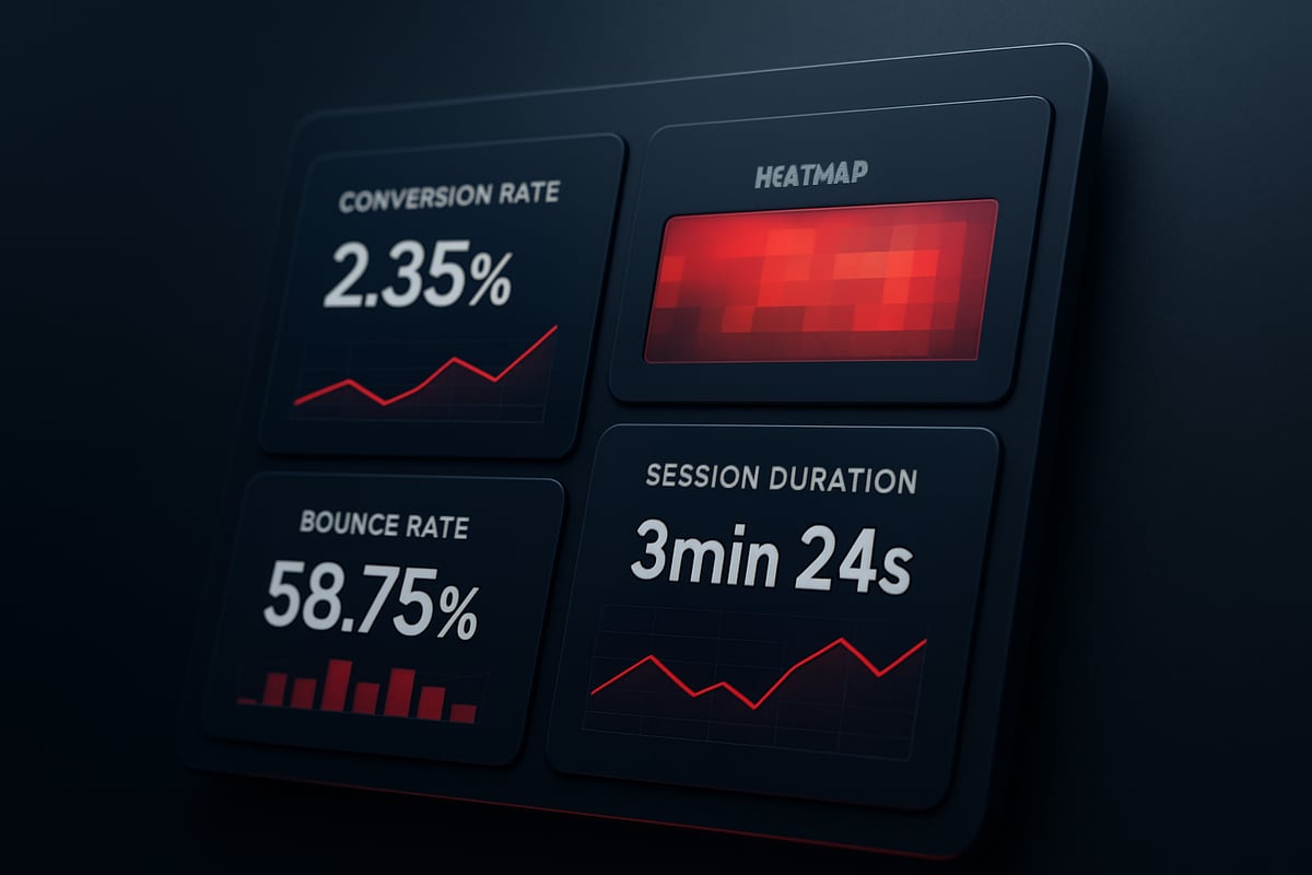 Dashboard displaying conversion rate, bounce rate, heatmap, and session duration metrics. Dark theme, red accents.