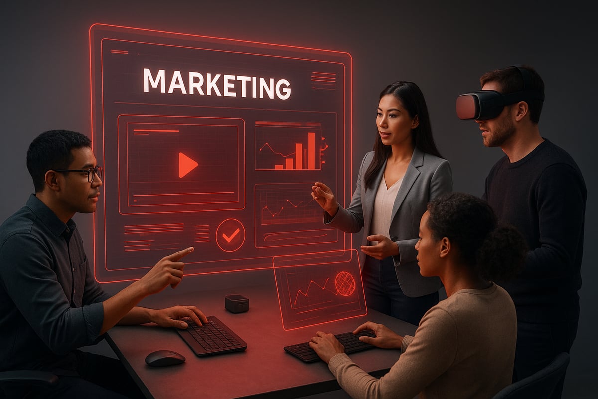 Team in a meeting, analyzing a holographic marketing display. One wears VR headset.