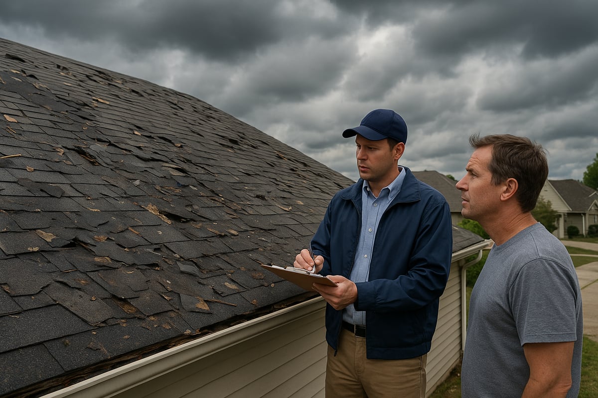 Roof inspector assessing damaged shingles with homeowner, cloudy sky background, emphasizing roof maintenance and insurance implications.