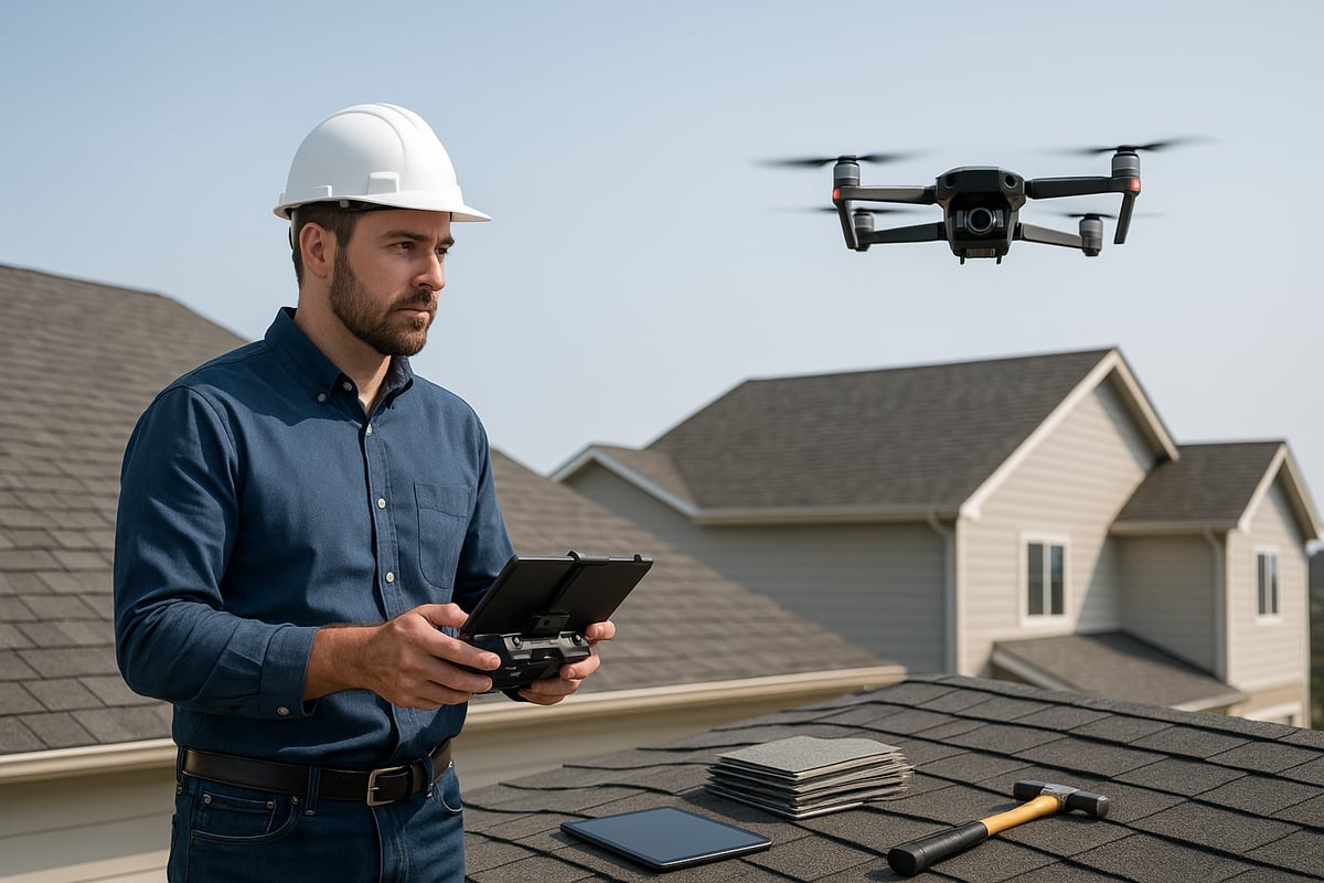 Man in hard hat operating a drone on a residential roof, with roofing shingles and tools nearby, illustrating modern roof inspection techniques for insurance claims and repairs.