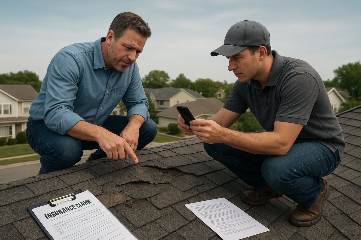 Two men inspecting a damaged roof, one pointing at the shingles and the other using a smartphone, with an insurance claim form and documents on the roof, illustrating roof repair and insurance claim guidance.