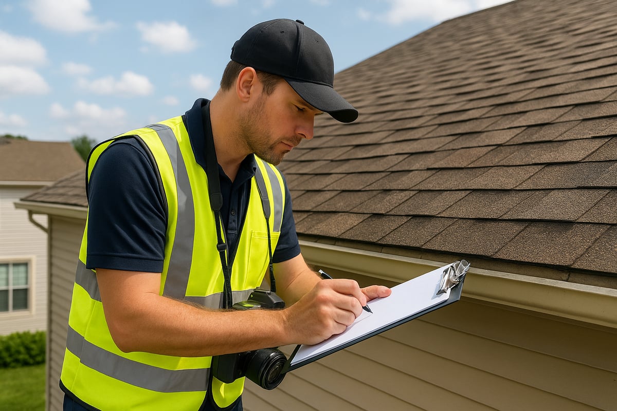 Roof inspector in safety vest taking notes on clipboard while assessing residential roof condition, relevant to roof repair insurance guidance for homeowners.