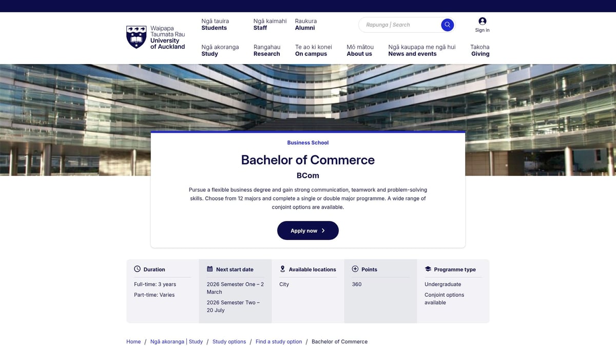 7 Essential Business Management Course NZ Options for 2026 - 1. University of Auckland – Bachelor of Commerce (Management)