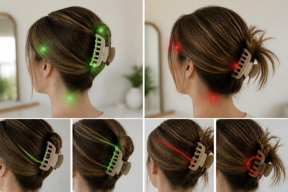 Claw clip tension damage prevention showing proper placement rotation and gentle removal technique for healthy hair
