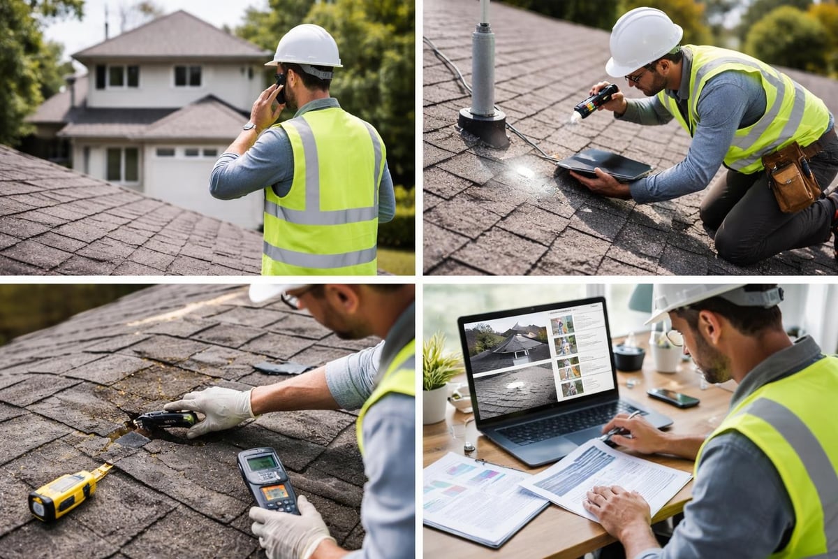 Roof inspector assessing roofing materials, using tools to document condition and perform moisture detection, with a laptop displaying inspection data and reports.