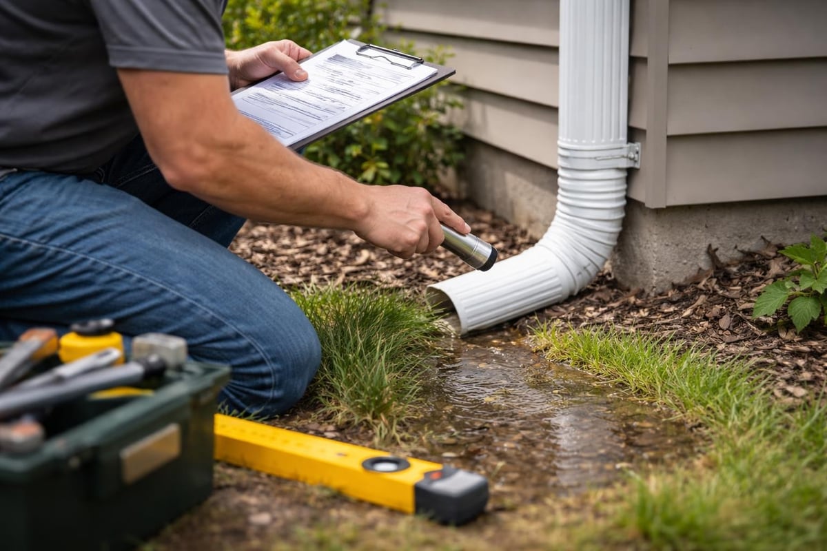 Person inspecting drainage system with clipboard and flashlight, assessing water flow from downspout, surrounded by tools and grass.