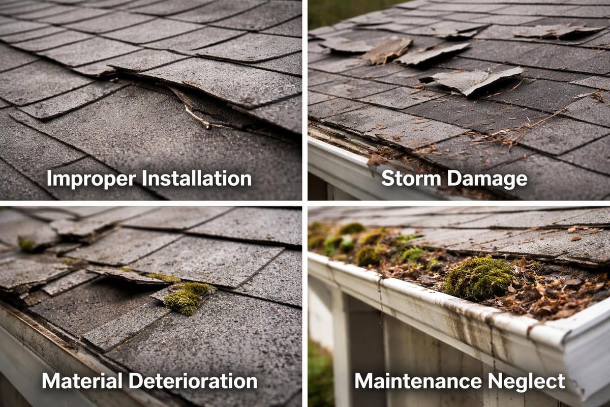 Image showing four roof issues: improper installation with lifted shingles, storm damage with torn shingles, material deterioration featuring moss on shingles, and maintenance neglect with debris in gutters, illustrating common roofing problems for property owners.