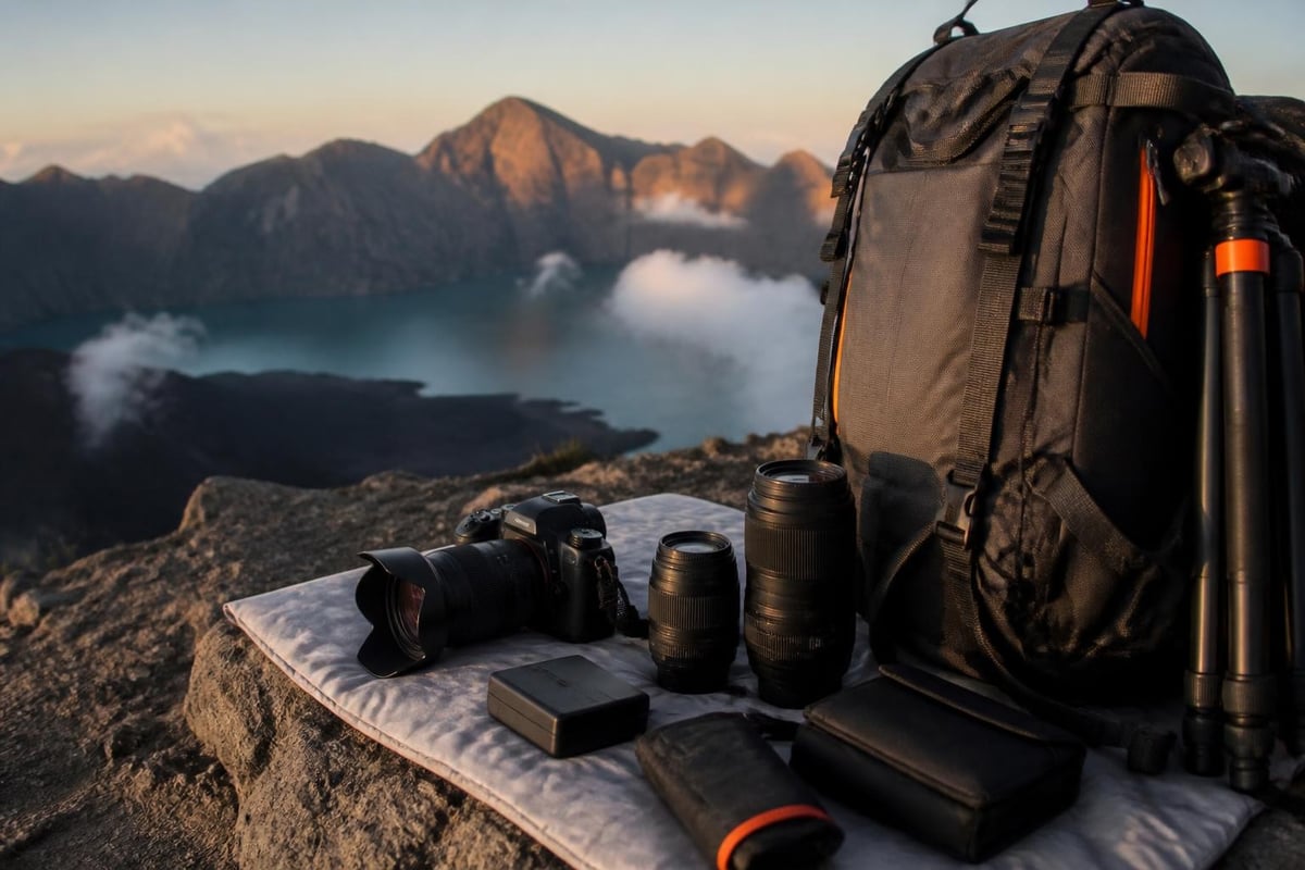 Camera gear organized for hiking