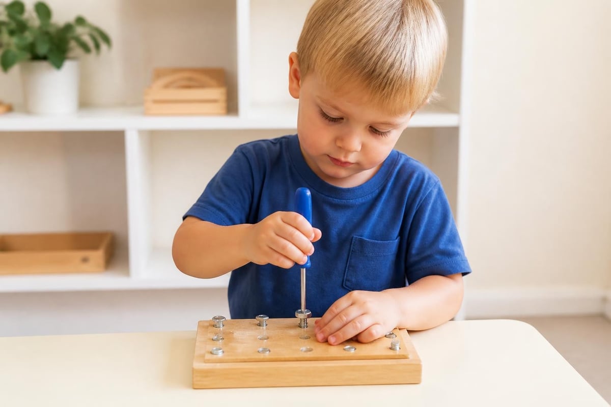 Child developing coordination with screwdriver board