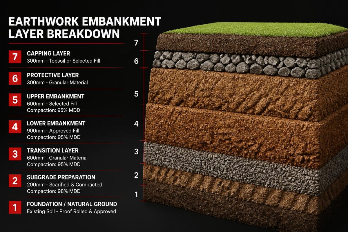 Earthwork embankment layer structure