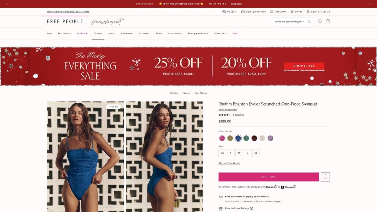 7 Stunning Blue Bathing Suit Styles to Try in 2025 - Rhythm Brighton Eyelet Scrunched One-Piece Swimsuit – Free People ($128.00)