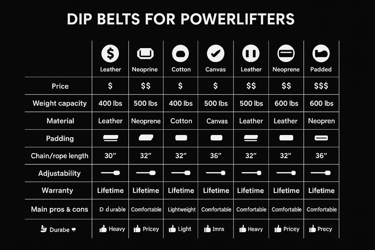 Dip Belt Comparison Chart: Features & Specs at a Glance
