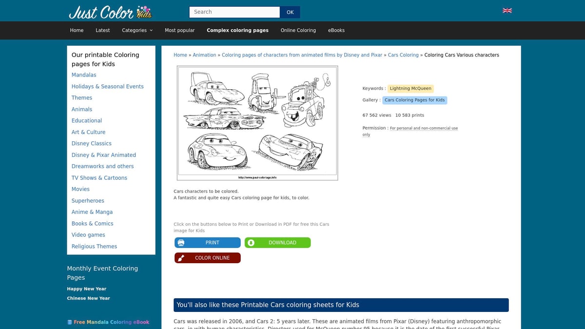 10 Best Cars Coloring Pages Printable for Kids 2026 - Cars Characters to Print and Color – JustColor