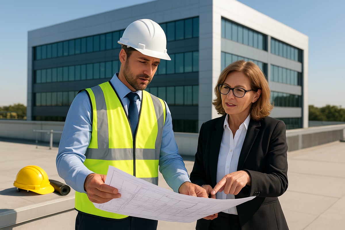 Professional contractor in safety gear discussing roofing plans with a businesswoman on a commercial building rooftop, emphasizing collaboration in commercial roofing projects.