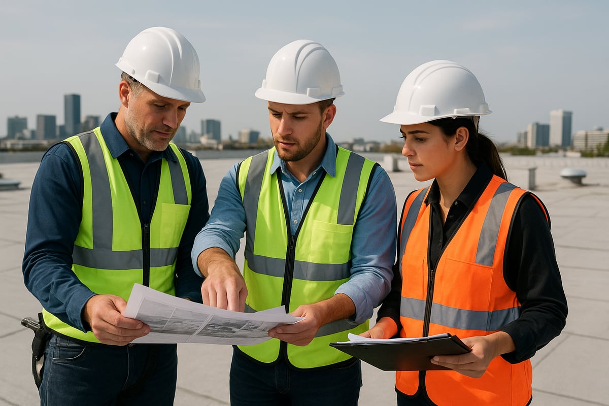 Three construction professionals in safety vests and hard hats reviewing building plans on a rooftop, emphasizing collaboration in commercial roofing projects.