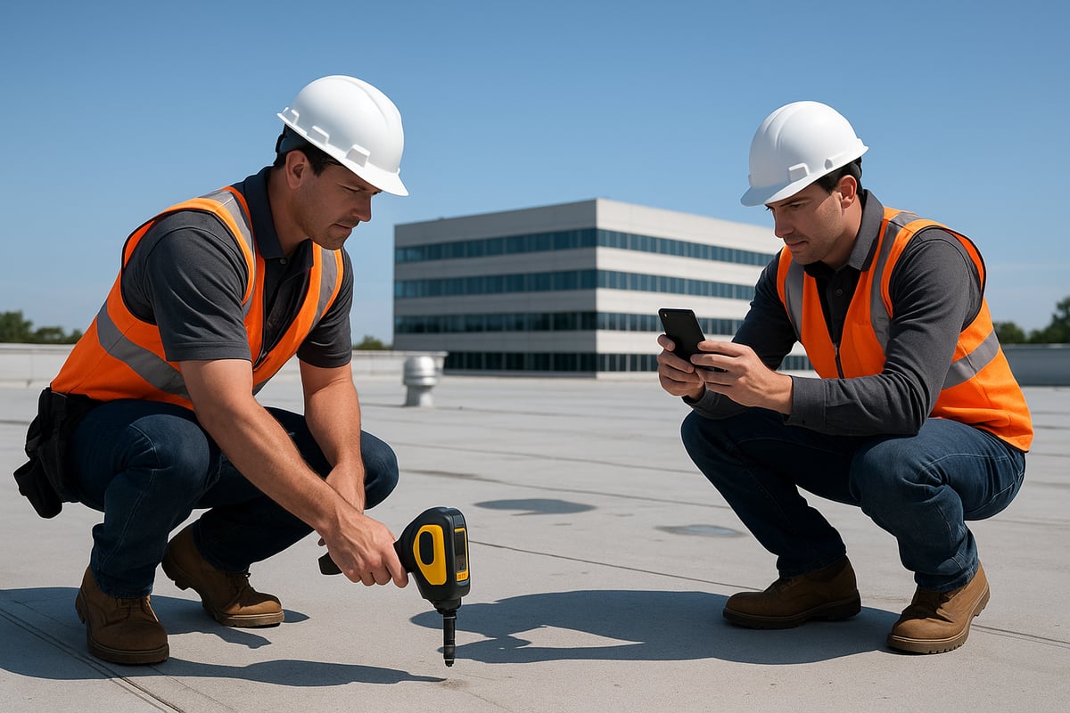 Two commercial roofing professionals in safety gear inspecting a roof, one using a power tool and the other checking a smartphone, with a modern building in the background.