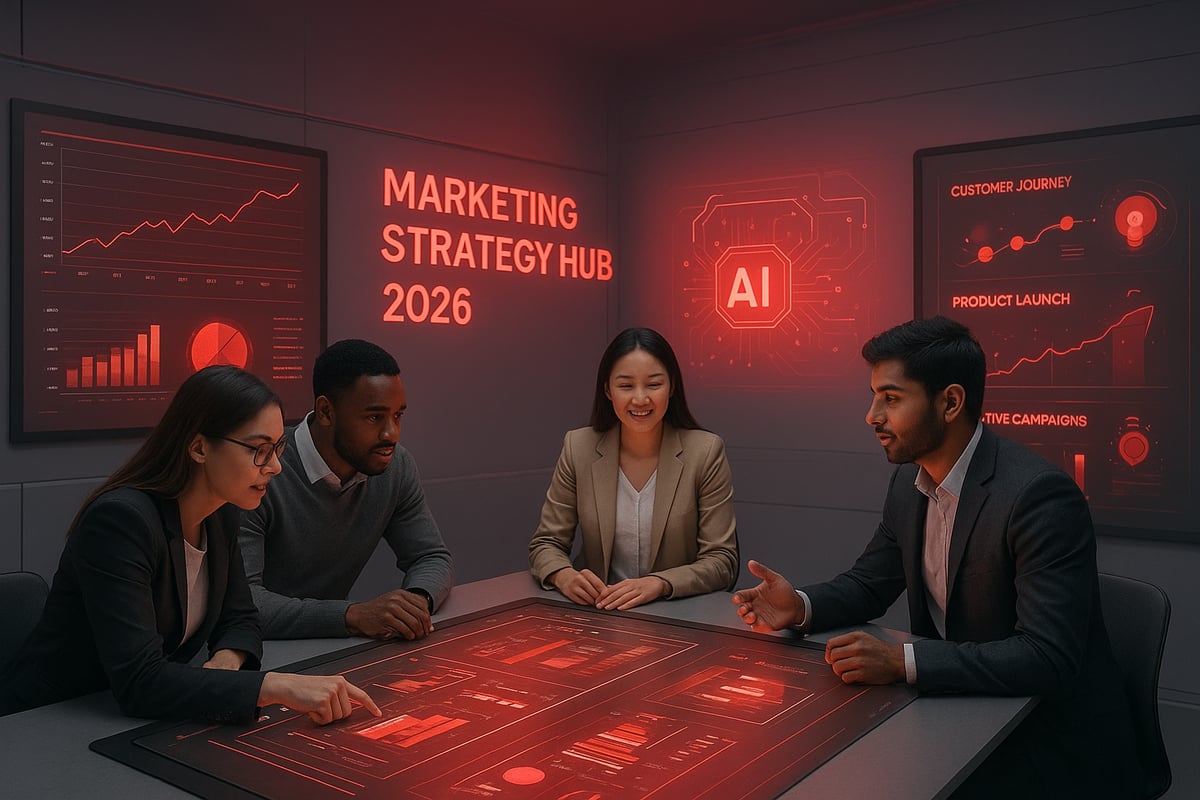 Four people in a futuristic room, collaborating at a glowing table displaying data. 