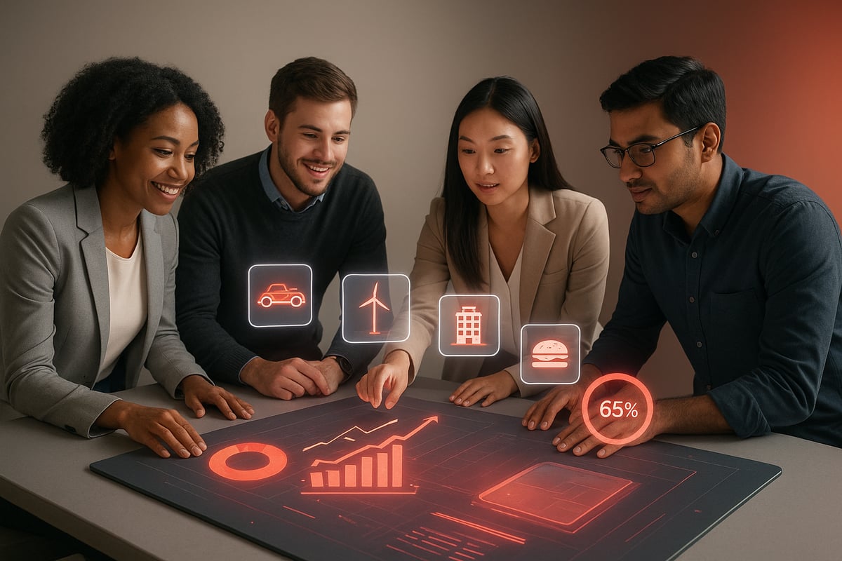 Four people around a table with holographic projections, discussing data and icons.