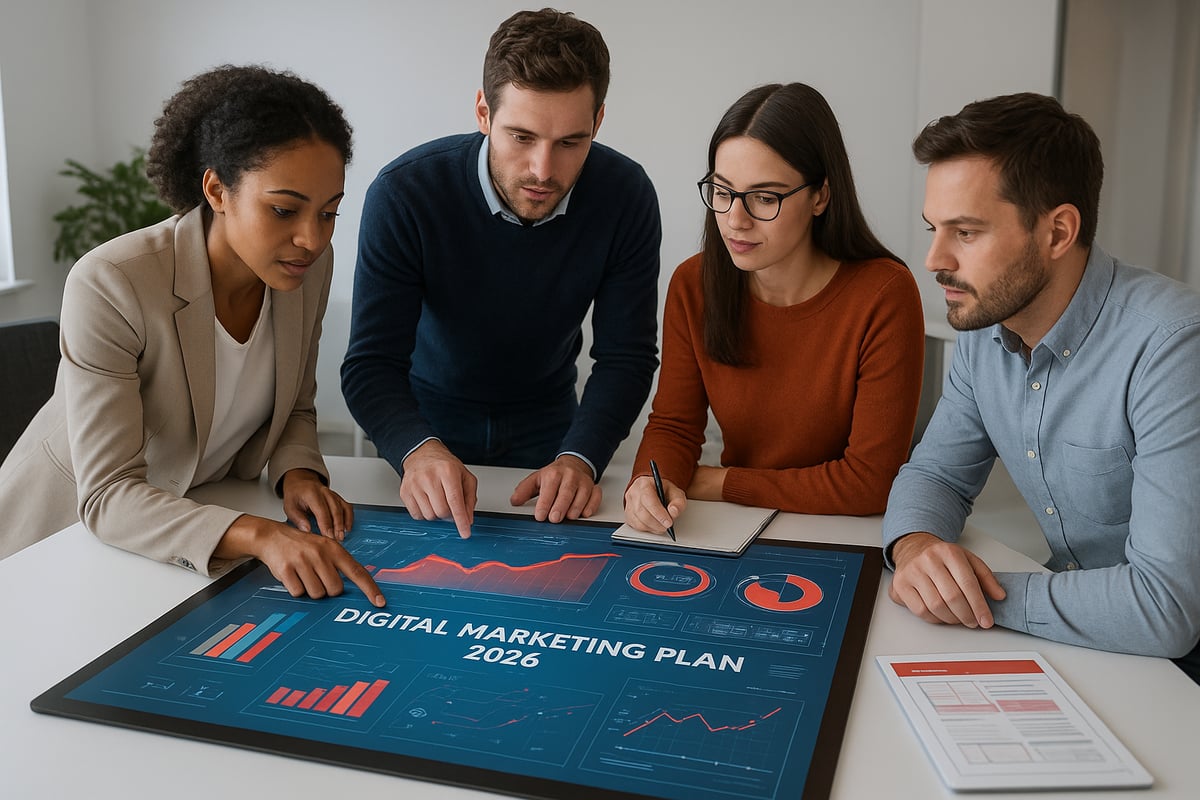 Four colleagues review a digital marketing plan on a large screen in an office setting.