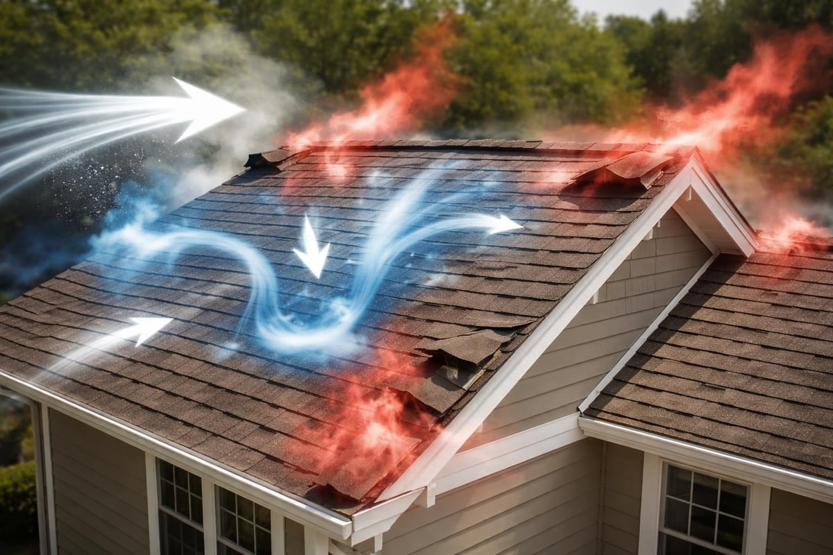Roof with damaged shingles, illustrating wind pressure patterns, including positive and negative forces, emphasizing wind uplift effects on roofing systems.