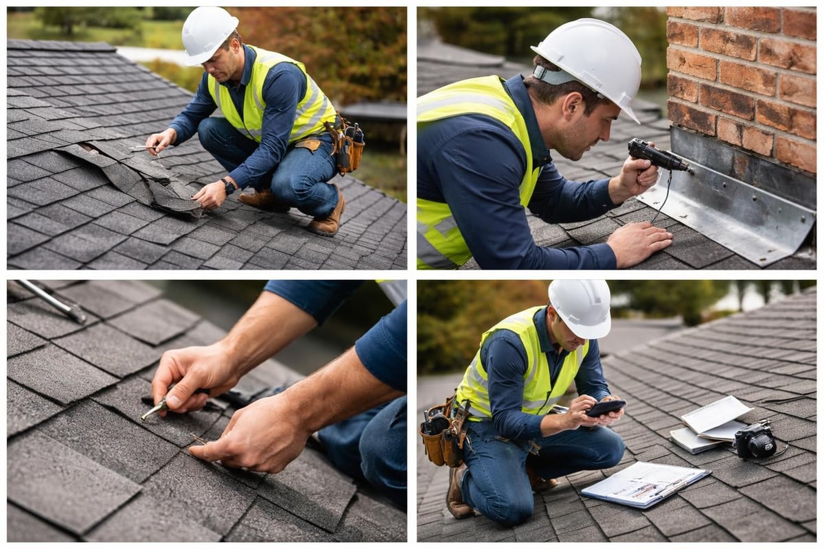Roof inspector assessing shingle integrity and flashing installation while documenting findings, wearing safety gear, and using tools on a residential roof.