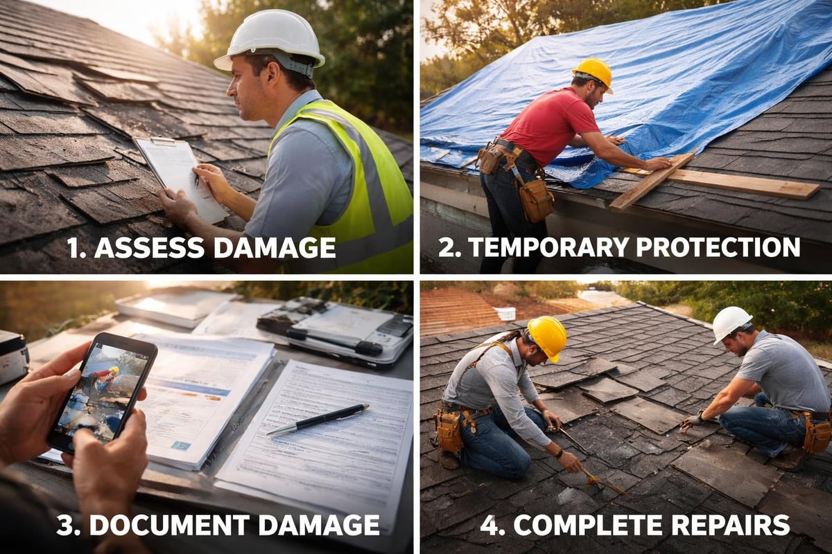 Roofing professionals assessing damage, installing temporary protection with tarp, documenting damage with smartphone, and completing repairs on shingles after wind event.