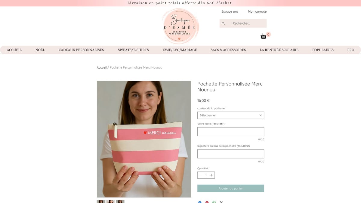 8 Idées Cadeau Nounou Originales à Offrir en 2026 - Pochette personnalisée Merci Nounou – La Boutique des Mées (16,00 €)